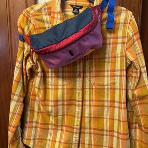 Cotopaxi Red and Purple Waist Bag with Mero Yellow Plaid Shirt